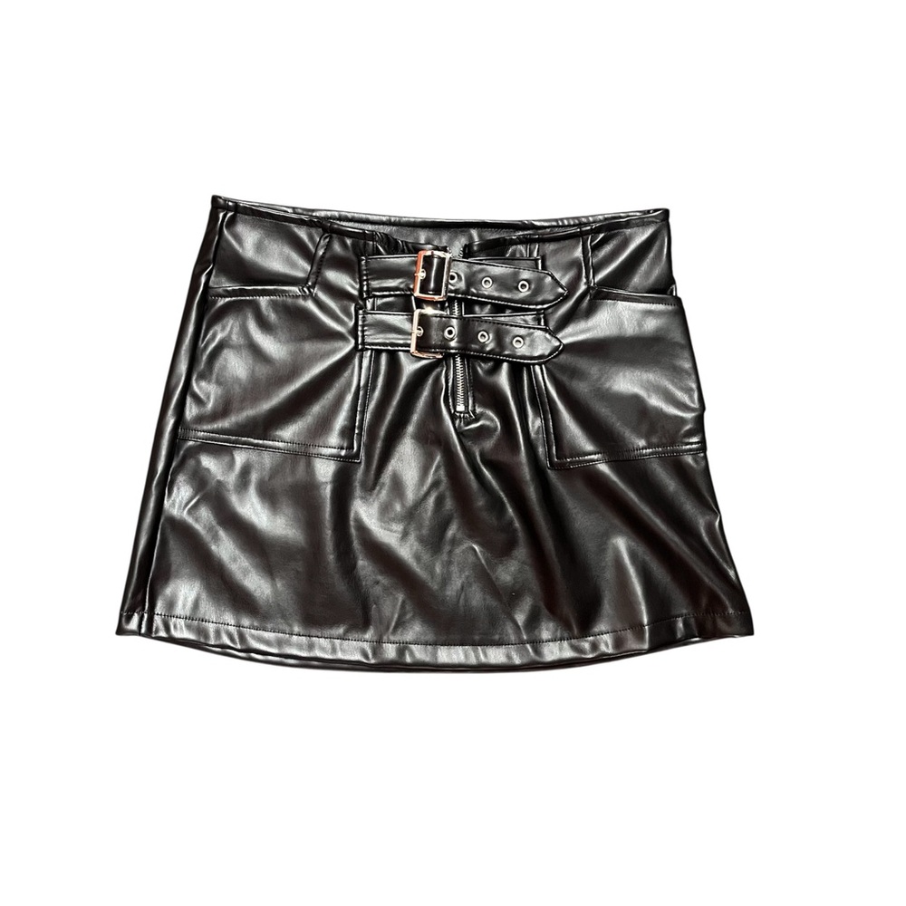 Blashe double buckle front zipper faux leather miniskirt